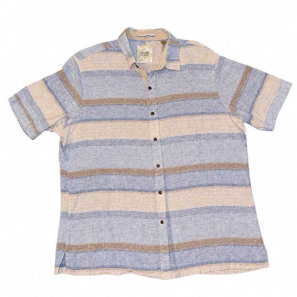 Tasso Elba Island Shirt Mens XL Linen Cotton Striped Button Up Blue Beige - Picture 3 of 7